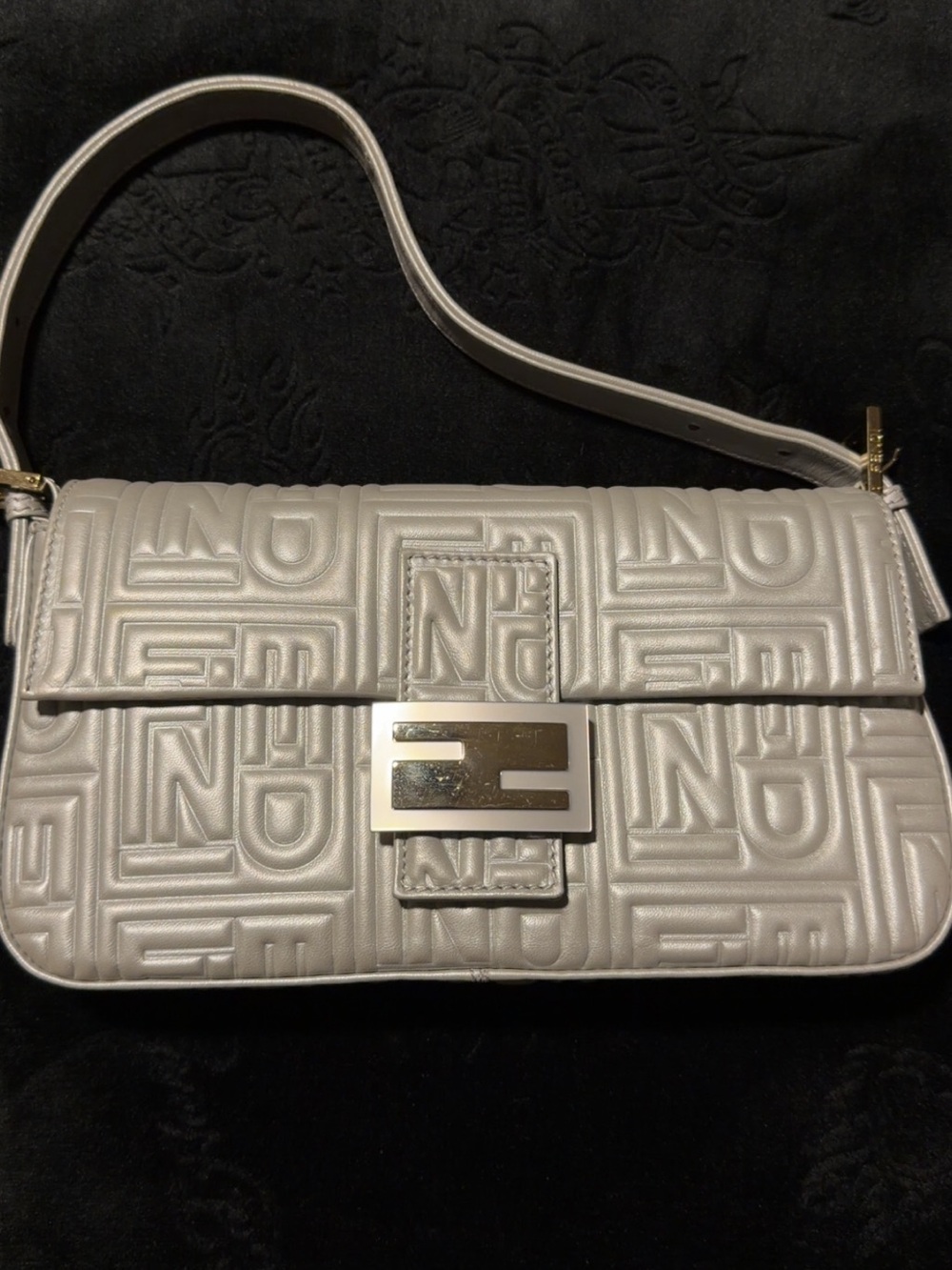 Fendi Pearl White Embossed Logo Shoulder Bag with Gold-Tone Buckle